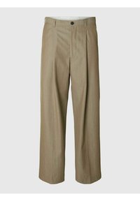 Bēšas krokotas bikses ar taisnu kāju dizainu, izgatavotas no viegla auduma. Aprīkotas ar pogu aizdari un sānu kabatām.