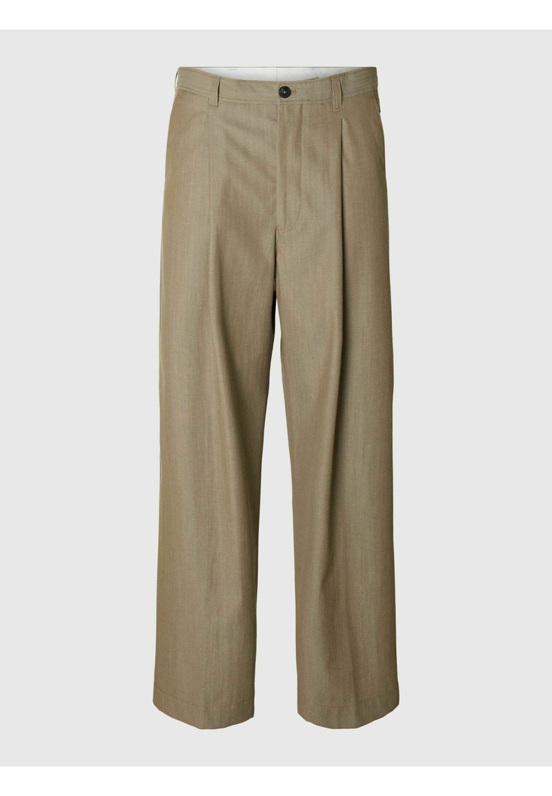 Bēšas krokotas bikses ar taisnu kāju dizainu, izgatavotas no viegla auduma. Aprīkotas ar pogu aizdari un sānu kabatām.