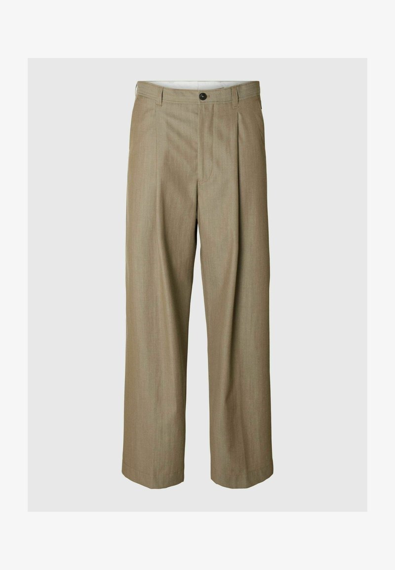 Bēšas krokotas bikses ar taisnu kāju dizainu, izgatavotas no viegla auduma. Aprīkotas ar pogu aizdari un sānu kabatām.