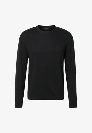 Pull noir à manches longues avec col rond, logo brodé discret sur la poitrine gauche, poignets et ourlet côtelés.