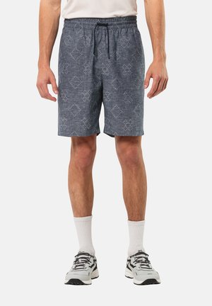 Shorts bleu à motifs en tissu léger avec une taille élastique et un cordon de serrage, dotés de poches latérales.