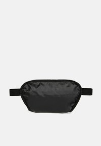 Marsupio nero realizzato in un tessuto elegante; presenta una forma arrotondata con cinturini regolabili; texture liscia e design senza cuciture in tutto.