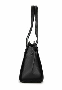 Borsa a tracolla in pelle nera con finitura strutturata, forma triangolare, doppi manici e dettaglio di cuciture a contrasto. Design con apertura superiore.