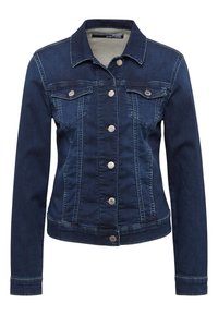 Dark blue denim jacket with a structured design, two chest pockets, silver button closures, and stitching accents. Long sleeves and collar.