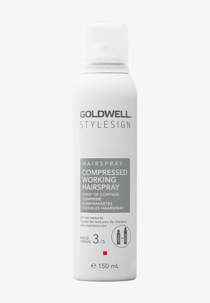 Goldwell Stylesign komprimierte Arbeits-Haarspray-Flasche, 150 ml, Haltstufe 3/5, geeignet für alle Haartypen, weiße und graue Verpackung.