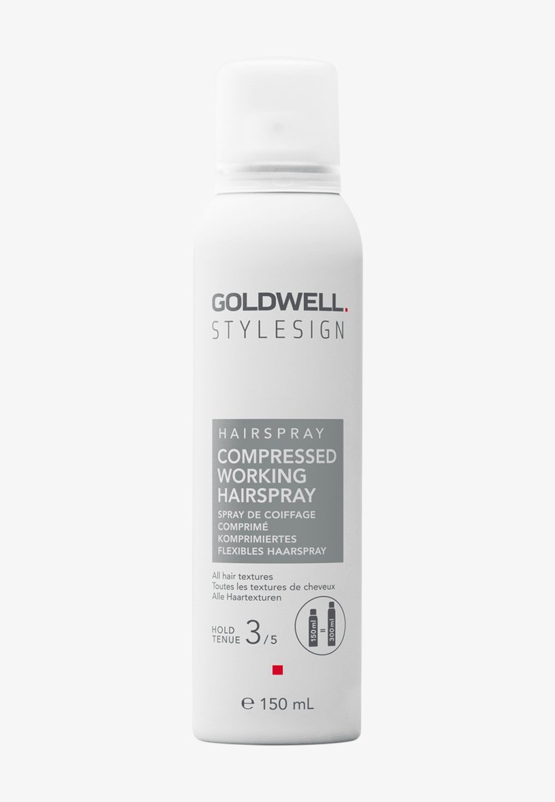 Flacon de laque coiffante compressée Goldwell Stylesign, 150 ml, niveau de fixation 3/5, adapté à toutes les textures de cheveux, emballage blanc et gris.