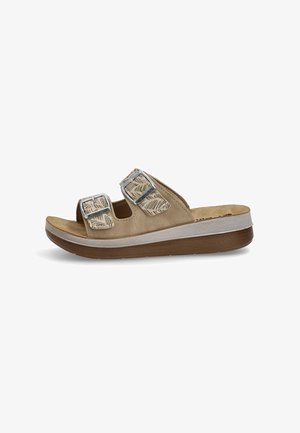 Sandalia marrón con dos hebillas ajustables y una suela acolchada, diseñada para la comodidad y el uso informal.