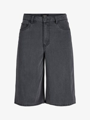 Zwarte denim knielange shorts met riemlussen, knoop aan de voorkant, rits en voor- en achterzakken.