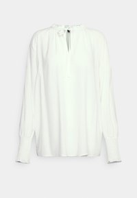 Blusa branca de mangas longas com decote franzido, fecho de laço e punhos com elástico. Tecido suave com um corte solto e design minimalista.