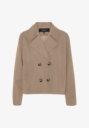 Beige dobbeltbrystet kvindejakke med brede revers, fire skildpaddeskalsknapper, lange ærmer og sidelommer med slidser, mærke Vero Moda.