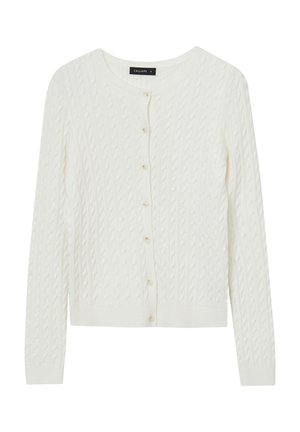 Cardigan bianco a maglia grossa con maniche lunghe, scollatura rotonda e sei bottoni frontali. Morbido al tatto con orlo e polsini a coste.