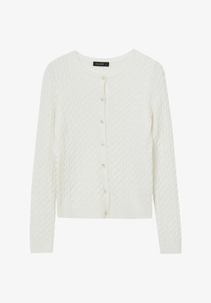 White cable-knit cardigan with long sleeves, round neckline, and six front buttons. Soft texture with ribbed hem and cuffs.