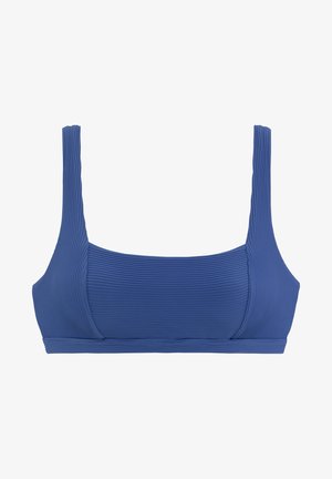 Blauwe geribbelde stoffen bh met brede banden en een vierkante halslijn. Heeft een gladde textuur en een gestructureerd ontwerp voor ondersteuning.