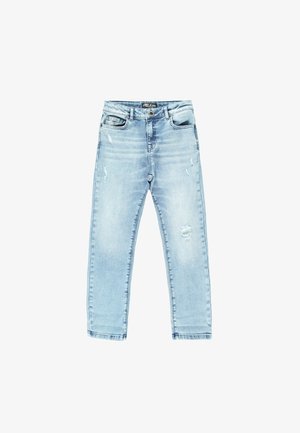 Světle modré džíny z denimu mají úzký střih, pět kapes, zapínání na knoflíky a opracované detaily pro drsný vzhled.