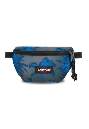 Grijze heuptas met een blauw palmbomenpatroon, voorzien van een zwarte rits, een duurzaam materiaal en een verstelbare band met een getextureerde griplus.