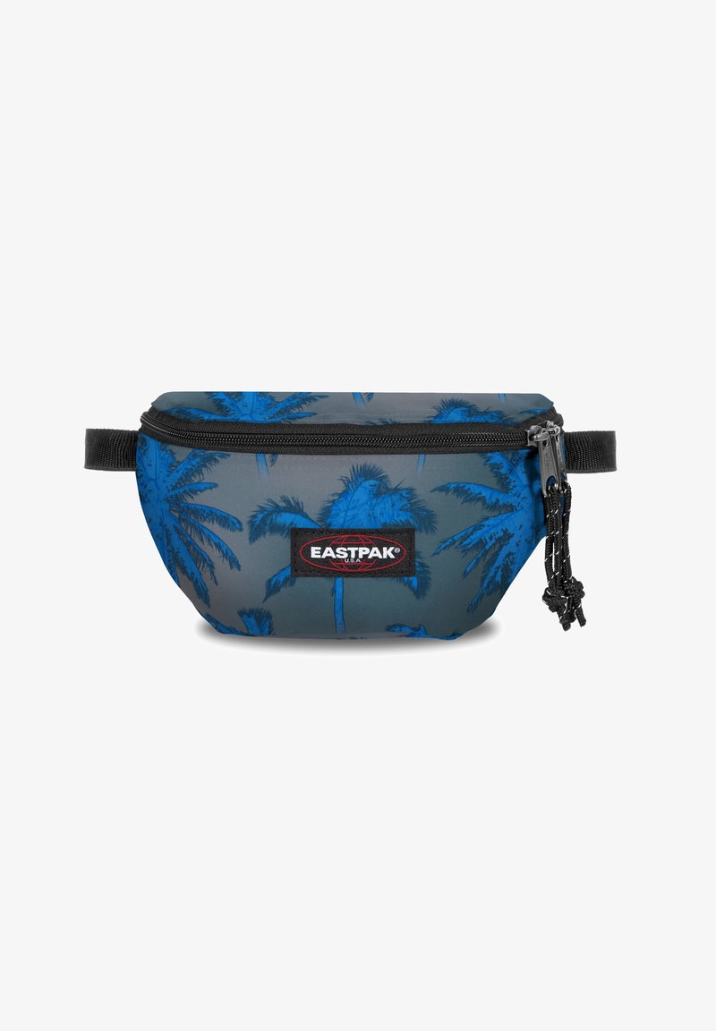 Harmaa vyölaukku, jossa on sininen palmupuun kuvio, varustettuna mustalla vetoketjulla, kestävästä kankaasta ja säädettävällä hihnalla, jossa on teksturoitu vetotappi.