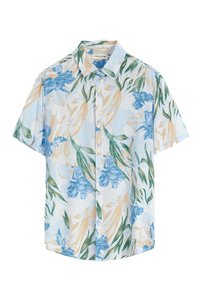 Chemise à manches courtes avec boutons, de couleur bleu clair, ornée d'un motif floral avec des fleurs bleues et des feuilles vertes sur un fond crème.