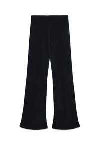 Pantaloni a zampa d'elefante in velluto nero con una texture a coste e un ampio orlo, dotati di una fascia elastica in vita per comfort e facilità di utilizzo.