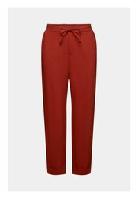 Czerwone, lekkie spodnie z elastycznym paskiem w talii i regulowanym sznurkiem. Posiadają przednie kieszenie i zwężający się krój nogawki. Gładka tekstura.