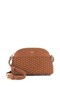 Tan woven leather crossbody bag with a structured shape, gold-tone hardware, and adjustable strap. Features a smooth upper section and embossed logo.