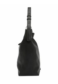 Schwarze Ledertasche mit strukturierter Silhouette, verstellbarem Schultergurt und glatter Textur. Dezente Nähte und Hardware-Akzente sind vorhanden.