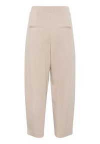 Beige, tailored trousers with a smooth texture, featuring two back pockets and a cropped, wide-leg silhouette. Flat waistband detail.