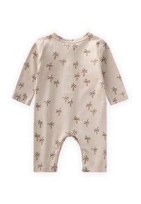 Beige ribbad babysoverall med långärmar, med små palmträdsmönster i brunt och grönt. Rund halsringning och öppen fotdesign.