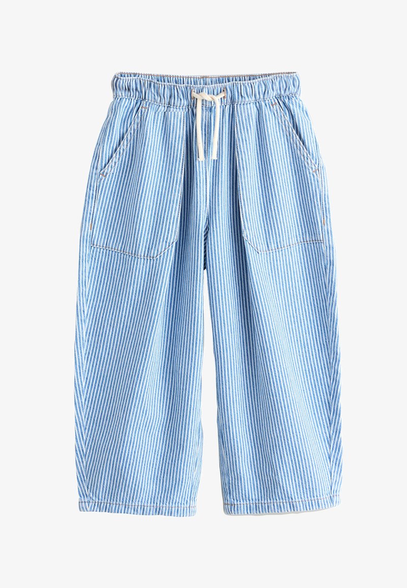 Pantalon à jambes larges rayé vertical bleu clair et blanc avec taille élastique, cordon de serrage et deux poches plaquées devant.