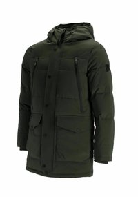Parka imbottita in nylon verde scuro, con cappuccio con cerniera, due tasche sul petto con zip e due tasche inferiori con patta.