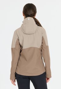 Water-resistant, brown and taupe jacket with a hood, featuring a color-block design, smooth texture, and side pockets.