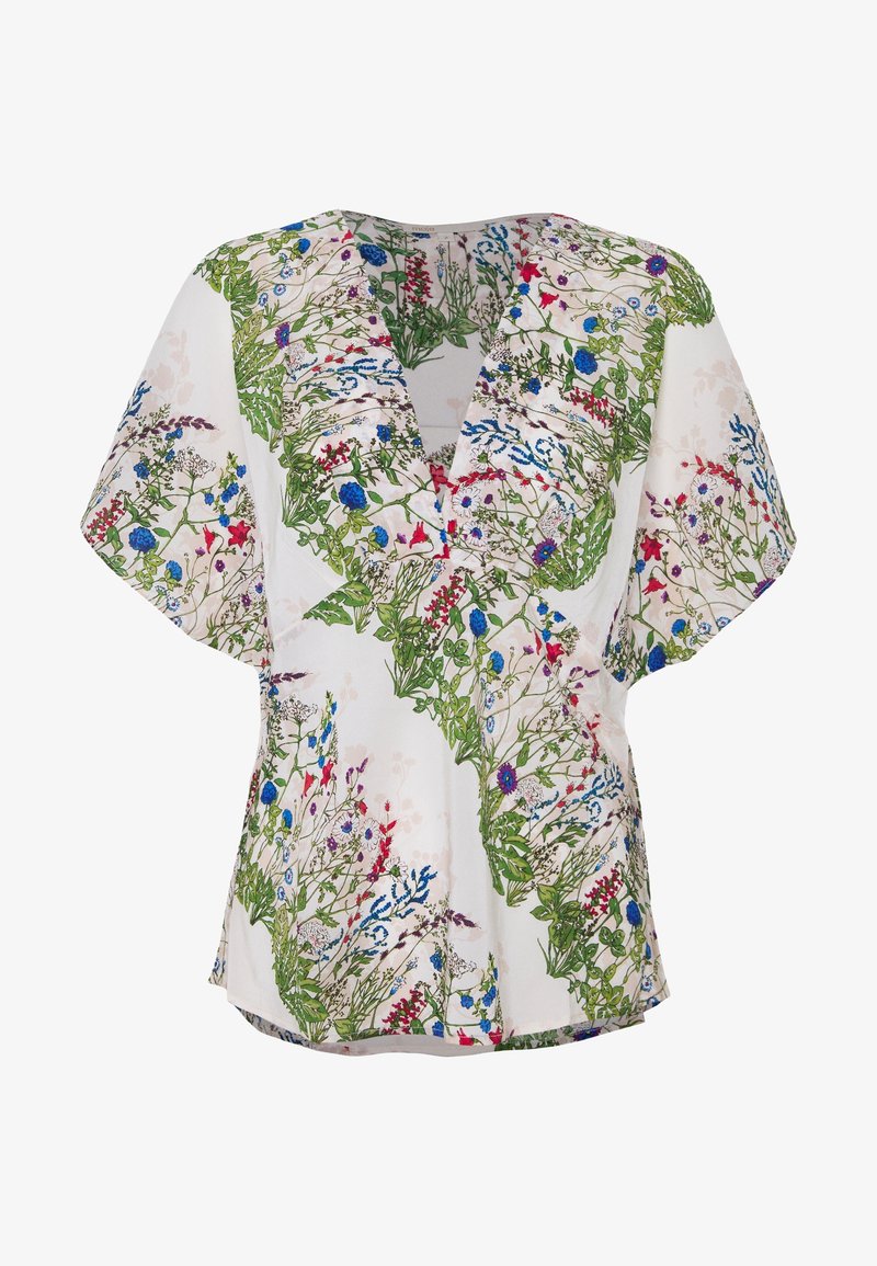 Blusa floreale con scollatura a V profonda, maniche corte e sfondo bianco. Presenta stampe di fiori e foglie multicolori in tonalità di verde, blu e rosso.