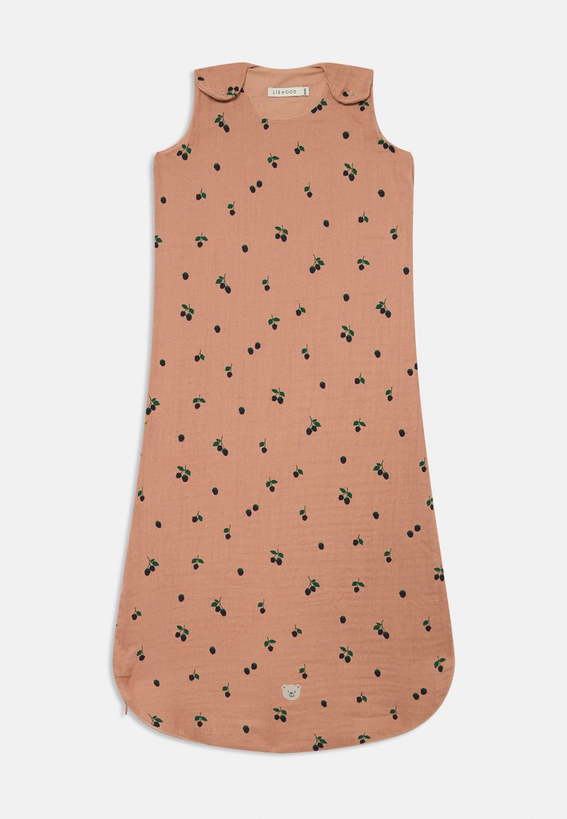 Peach-colored muslin sleeping bag with black cherry patterns. Features shoulder snaps and rounded bottom. Soft, textured fabric.