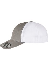 Grått tyg fram med vit nätbak, böjd skärm och snapback Justerare. Har en rund etikett på framsidan.