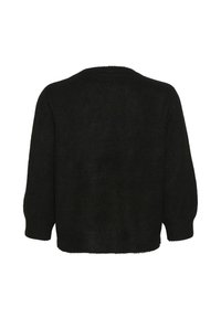 Pull en tricot noir avec un col rond et des manches trois-quarts. Texture douce, design court, sans motifs ni accents visibles.