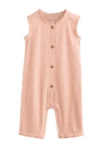 Combinaison sans manches rose pour bébé avec des rayures verticales, de petits motifs de fleurs blanches, des boutons à l'avant et des pressions aux jambes.