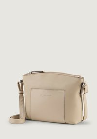 Beige synthetisches Leder Umhängetasche mit Reißverschluss, verstellbarem Tragegurt und Vordertasche. Glatte Textur und minimalistisches Design.