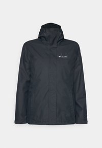 Black waterproof jacket with a zip front, adjustable hood, and two side pockets. Features Columbia logo on the chest. Smooth texture.