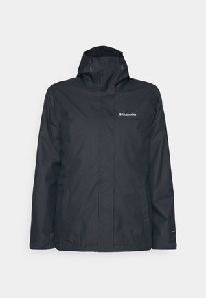 Melnā ūdensnecaurlaidīgā jaka ar rāvējslēdzēju priekšā, regulējamu kapuci un divām sānu kabatām. Uz krūšu ir Columbia logo. Gluda tekstūra.