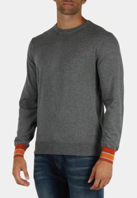 Maglione grigio in morbido tessuto con scollatura a girocollo, dotato di polsini a righe arancioni. Piccolo logo ricamato sul lato sinistro del petto. Indossato con jeans blu.