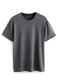Gray short-sleeve t-shirt with a crew neck, textured fabric, and subtle horizontal stripes. Tag featuring "ACTIVE" along the neckline.