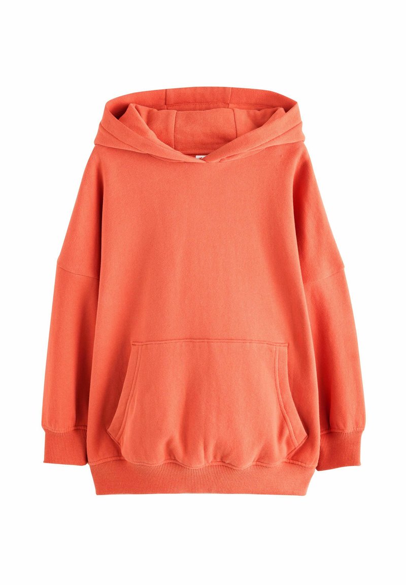 Pullover-Hoodie aus leuchtendem Korallstoff mit einer geräumigen Fronttasche, oversized Design und gerippten Bündchen. Verfügt über eine große, verstellbare Kapuze.