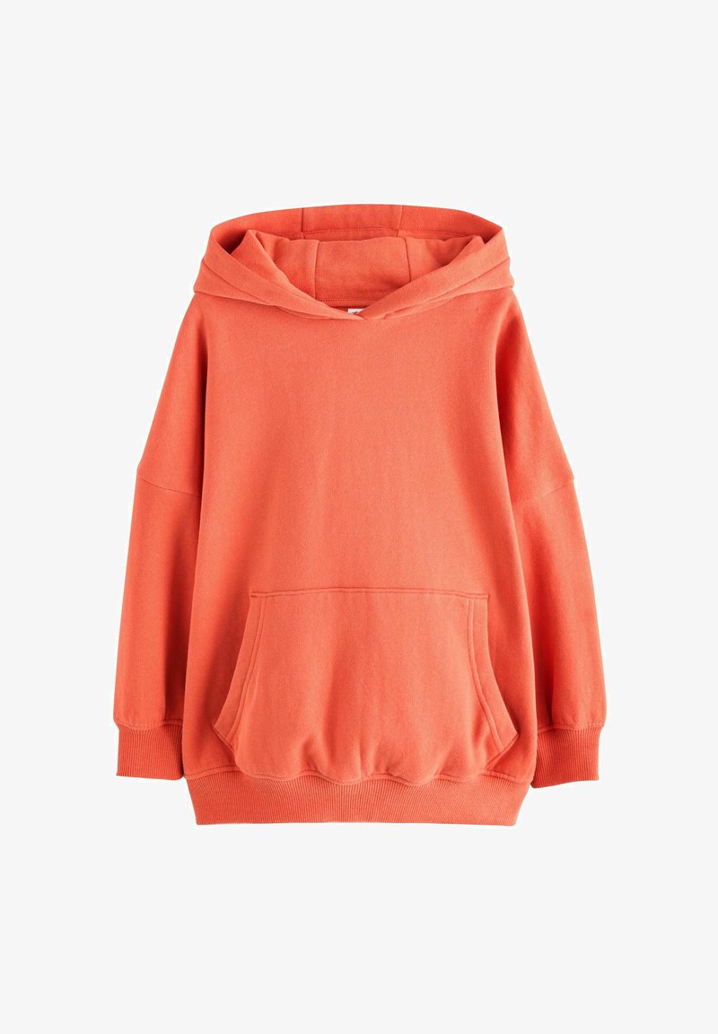 Pullover-Hoodie aus leuchtendem Korallstoff mit einer geräumigen Fronttasche, oversized Design und gerippten Bündchen. Verfügt über eine große, verstellbare Kapuze.