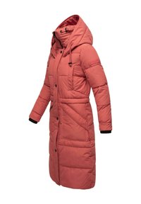 Lichte pufferjas in koraal, met een capuchon, ritssluiting aan de voorkant, zijzakken en ribbelmanchetten voor extra warmte.