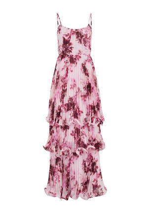Růžové a fialové květinové maxi šaty bez rukávů s plisovanou sukní s volánky a tenkými ramínky.