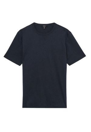 Dunkel marineblaues T-Shirt mit kurzen Ärmeln und Rundhalsausschnitt, Größe M, flach auf weißem Hintergrund dargestellt.