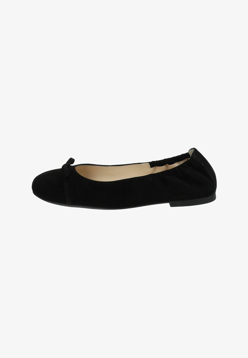 Ballerines en suede noir avec un bout rond, un petit nœud à l'avant et une semelle en caoutchouc noir flexible.