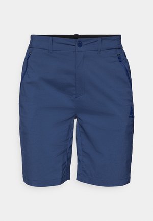 Navy blue shorts made from lightweight material, featuring a flat front, zippered pockets, and a logo accent on the lower leg.