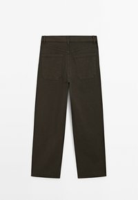 Dark khaki straight-leg jeans with five pockets, sturdy fabric, visible stitching, and a smooth texture. Backside view.