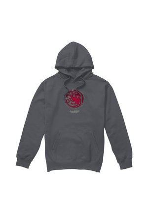 Dunkelgrauer Kapuzenpullover mit rotem dreiköpfigem Drachen-Emblem und dem Schriftzug "Game of Thrones" mittig auf der Brust, mit Fronttasche und Kordelzug an der Kapuze.
