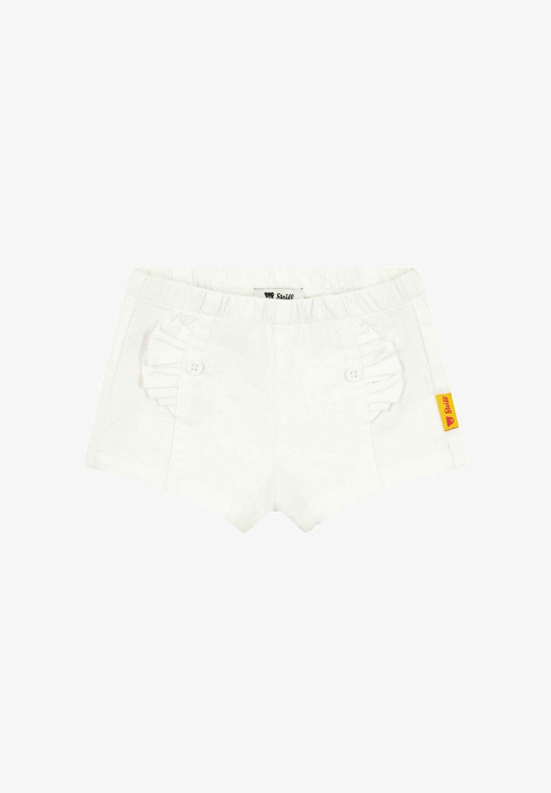 Bílé kraťasy s volánkovým detailem kapsy a dvěma knoflíky na každé straně. Elastický pas a malá žlutá nášivka na boku.